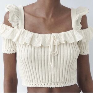 Zara Cream Lace Ruffle Crop Top
